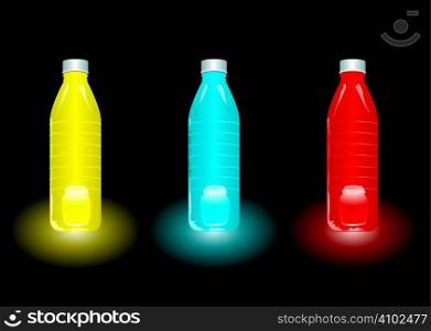 Three bottles of different coloured juice set against a black background