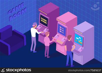 Three boys playing retro video slot games in computer club 3d isometric vector illustration