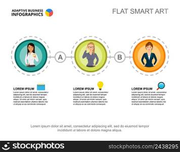 Three business ideas process chart template. Business data. Abstract elements of diagram, graphic. Partnership, management, marketing, teamwork creative concept for infographic, project layout.