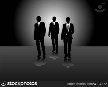 Three business men walking with a light behind them