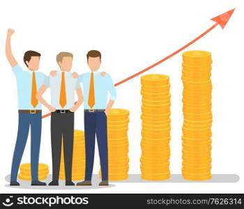 Three businessmen standing holding each other around their shoulders. Increasing capital and profits. Investment financial concept vector illustration. Flat cartoon. Business People Increasing Capital and Profits