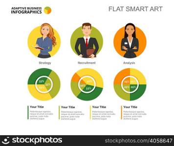 Three businesspeople and pie charts. Business data. Percent, diagram, design. Creative concept for infographic, templates, presentation. Can be used for topics like analysis, statistics, training.