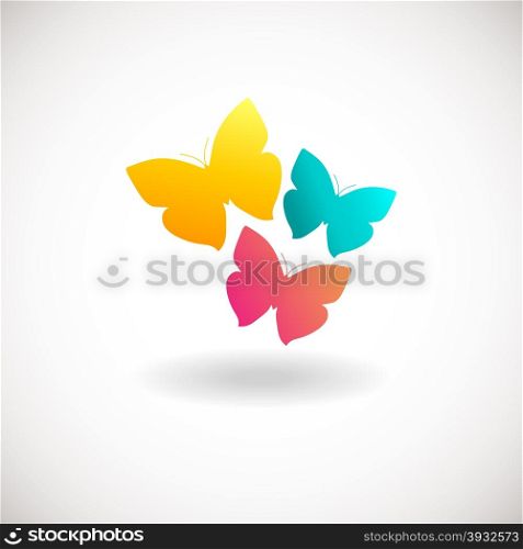 Three butterfly logo. Yellow, pink and blue colors logotype. Logo sign in flat style colors. For beauty salon, health clinic, yoga and massage senter.