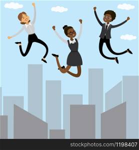 Three cartoon jumping businesswomen,flat vector illustration.
