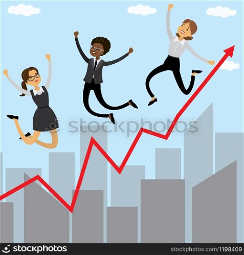 Three cartoon jumping businesswomen,growing graph and city skyscrapers on background,flat vector illustration