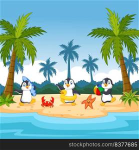 Three cartoon penguins on a tropical island