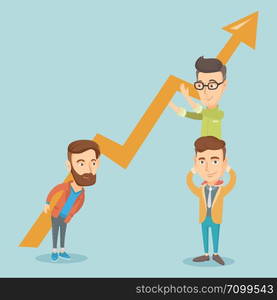 Three caucasain business men holding growth graph. Cheerful business team with growth graph. Concept of business growth, teamwork and partnership. Vector flat design illustration. Square layout.. Three business men holding growth graph.