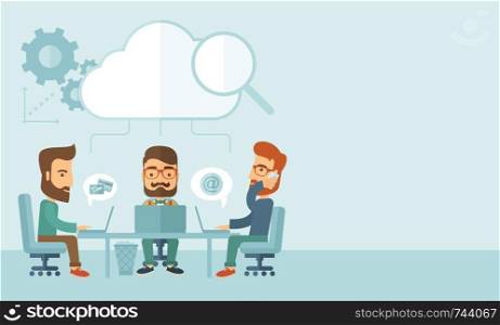 Three Caucasian businessmen with beard sitting on chair working together using cellphone and laptops for calling and searching an ideas for business plan. A Contemporary style with pastel palette, soft blue tinted background with desaturated cloud. Vector flat design illustration. Horizontal layout with text space in right side.. Three businessmen working together.