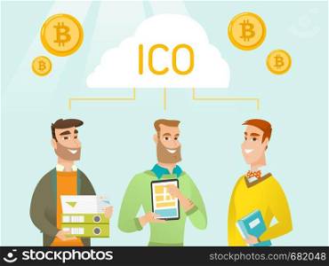 Three caucasian white men making investments for project. Blockchain network technology, ICO initial coin offering , cryptocurrency tokens and startup crowdfunding concept. Vector cartoon illustration. Three young caucasian men united by one ICO cloud.