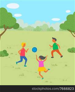 Three children playing with blue ball in park. Kids game outdoors. Little boys and girl running and jumping on lawn with green grass vector illustration. Children Playing with Ball in Park Vector Image