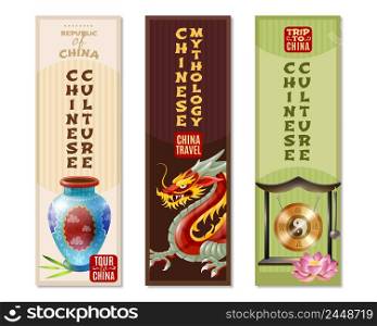 Three china travel vertical banner set with Chinese culture and mythology headlines vector illustration. China Travel Vertical Banner Set