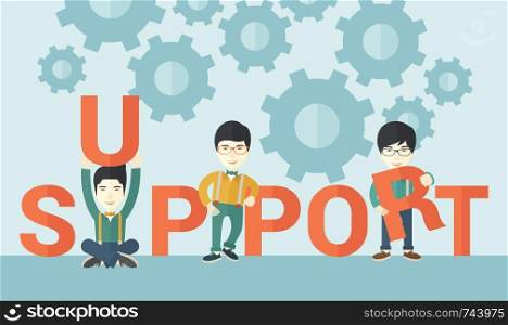 Three chinese businessmen holding a letter, it is a support message they need help from others. Teamwork concept. A contemporary style with pastel palette soft blue tinted background. Vector flat design illustration. . Three chinese men standing in the word support.
