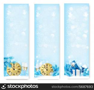 Three Christmas banners with gift boxes and snowflake. Vector illustration