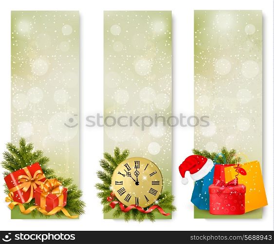 Three christmas banners with gift boxes and snowflake. Vector illustration.