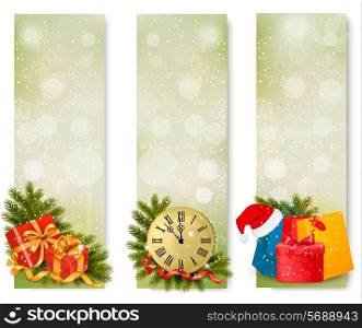 Three christmas banners with gift boxes and snowflake. Vector illustration.