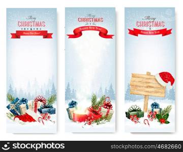 Three Christmas banners with presents and magic box. Vector.