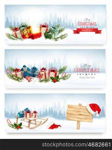 Three Christmas banners with presents. Vector.