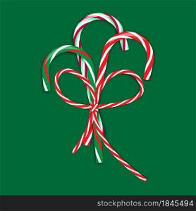 Three christmas candy canes with bow on green background. Holiday time. Hand drawn art. Vector illustration. Stock image. EPS 10.. Three christmas candy canes with bow on green background. Holiday time. Hand drawn art. Vector illustration. Stock image.