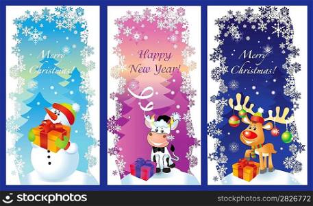 Three Christmas cards with snowman, bull and deer