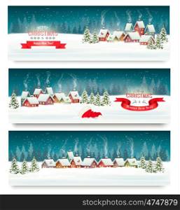 Three christmas holiday landscape banners. Vector.