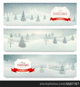Three christmas holiday landscape banners. Vector.