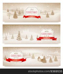 Three christmas holiday landscape banners. Vector. 