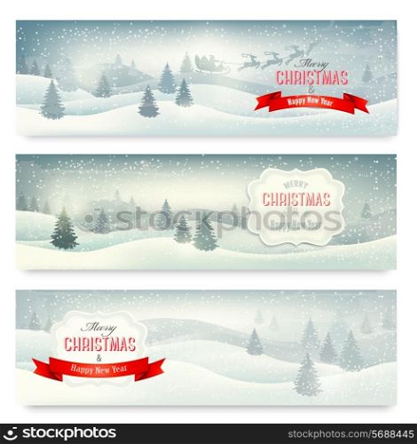 Three christmas landscape banners. Vector.
