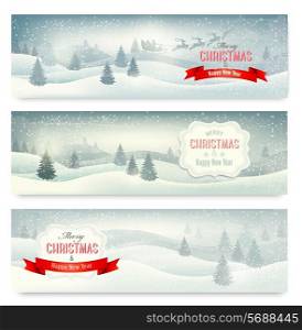 Three christmas landscape banners. Vector.
