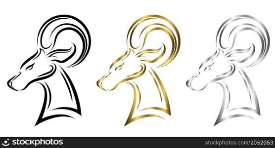 three color black gold and silver line art of Barbary sheep head. Good use for symbol, mascot, icon, avatar, tattoo, T Shirt design, logo or any design