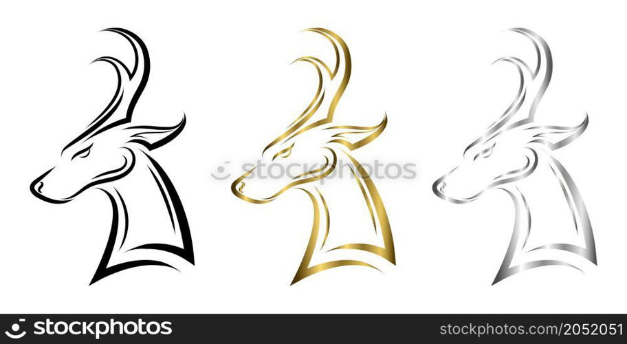 three color black gold and silver line art of barking deer head. Good use for symbol, mascot, icon, avatar, tattoo, T Shirt design, logo or any design.