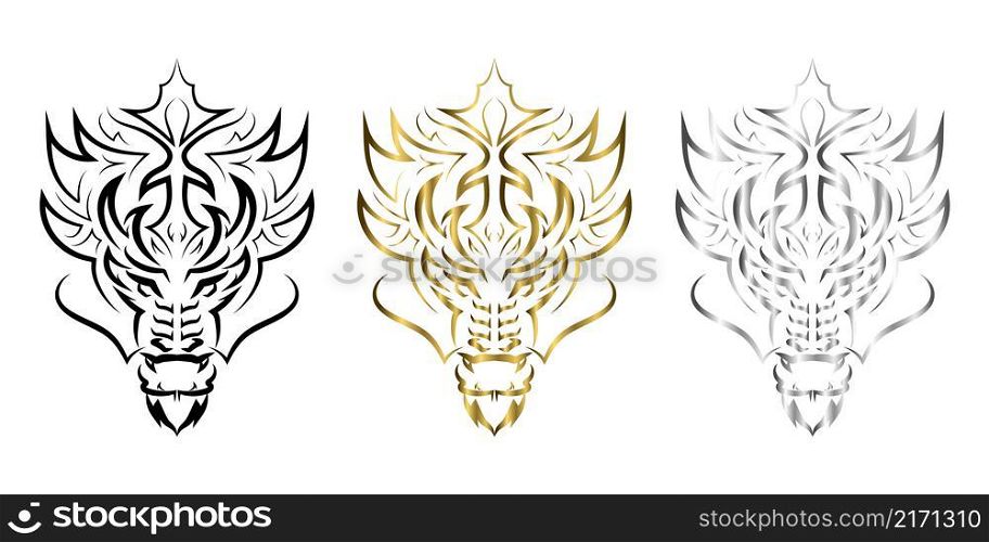 three color black gold and silver line art of dragon head. Good use for symbol, mascot, icon, avatar, tattoo,T-Shirt design, logo or any design.