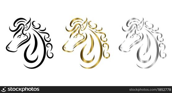 three color black gold and silver line art of horse head. Good use for symbol, mascot, icon, avatar, tattoo, T Shirt design, logo or any design you want.