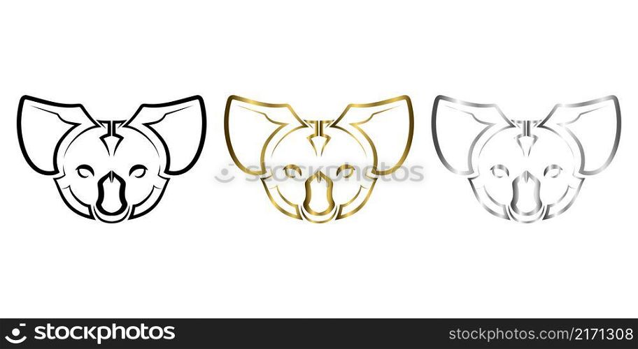 Three color black gold and silver line art of koala head. Good use for symbol, mascot, icon, avatar, tattoo,T-Shirt design, logo or any design.