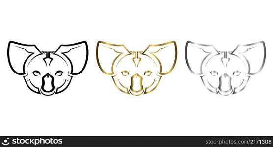 Three color black gold and silver line art of koala head. Good use for symbol, mascot, icon, avatar, tattoo,T-Shirt design, logo or any design.