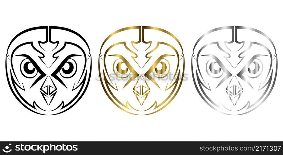Three color black gold and silver line art of owl head. Good use for symbol, mascot, icon, avatar, tattoo,T-Shirt design, logo or any design.
