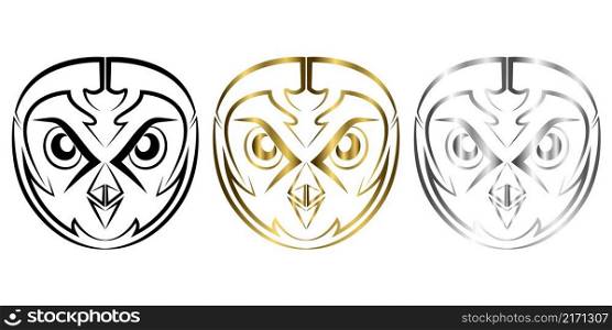 Three color black gold and silver line art of owl head. Good use for symbol, mascot, icon, avatar, tattoo,T-Shirt design, logo or any design.