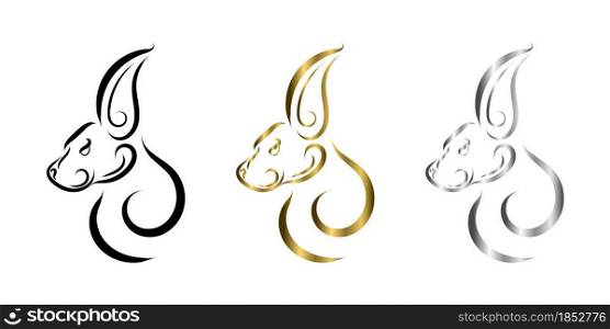 three color black gold and silver line art of rabbit head. Good use for symbol, mascot, icon, avatar, tattoo, T Shirt design, logo or any design you want.