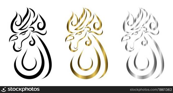three color black gold and silver line art of rooster head. Good use for symbol, mascot, icon, avatar, tattoo, T Shirt design, logo or any design.