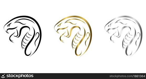 three color black gold and silver line art of snake head. Good use for symbol, mascot, icon, avatar, tattoo, T Shirt design, logo or any design.