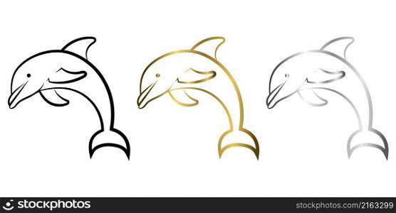 Three color black gold and silver Line art vector illustration of a dolphin