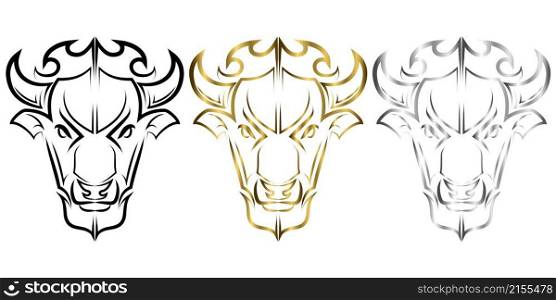 Three color black gold and silver Line Vector Illustration front view of American Bison Buffalo