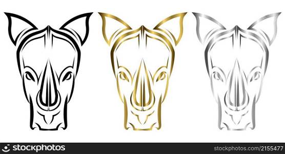 Three color black gold and silver Line Vector Illustration front view of rhino