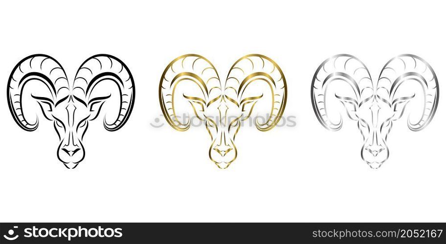 three color black gold and silver Line vector logo of ram head. It is sign of Aries zodiac.