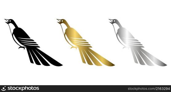 Three color black gold and silver Vector illustration on a white background of a magpie