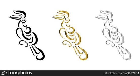 Three color black gold silver Line art vector logo of hornbill that is hanging on a branch.