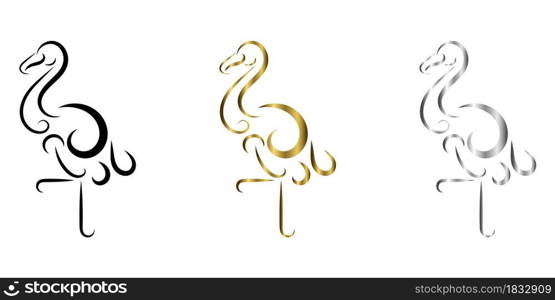 three color black gold silver vector logo of flamingo