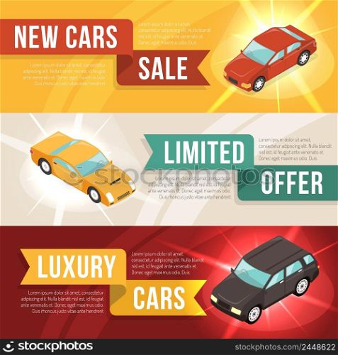 Three colored car dealership leasing horizontal banner set with new cars sale limited offer and luxury cars descriptions and ribbons vector illustration. Car Dealership Leasing Horizontal Banner Set