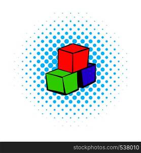 Three colored cubes icon in comics style on a white background. Three colored cubes icon, comics style