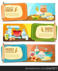 Three colorful horizontal banners with baking ingredients and text fields flat isolated vector illustration. Baking Ingredients Horizontal Banners