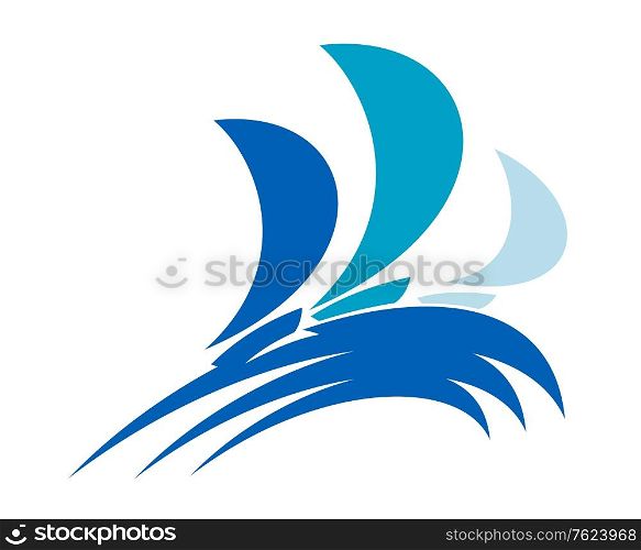 Three colorful yachts on blue ocean waves for regatta sports design. Splashing water or curling waves